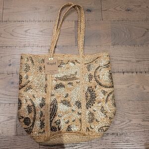 NWT Large natural jute metallic paisley print bohemian glam bag